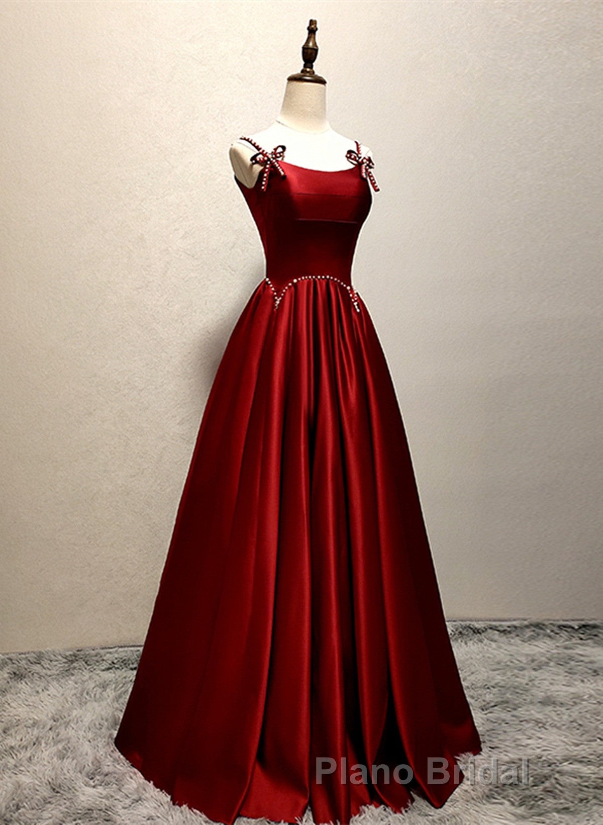 Wine Red Satin Straps Round Neckline Party Dresses, Wine Red Long Formal Prom Dresses Secondary image