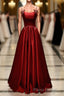 Wine Red Satin Straps Round Neckline Party Dresses, Wine Red Long Formal Prom Dresses