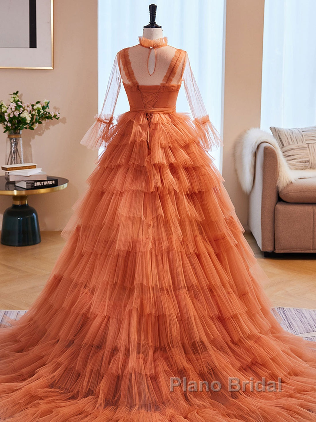 Unique High Neck Tulle Long Formal Prom Dresses, Orange Formal Evening Dresses