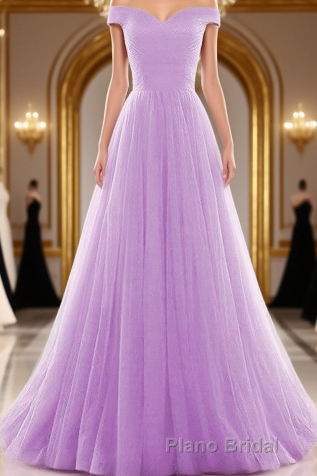 Beautiful Lavender Tulle Off Shoulder Long Prom Dresses, Beautiful Party Gowns Main image