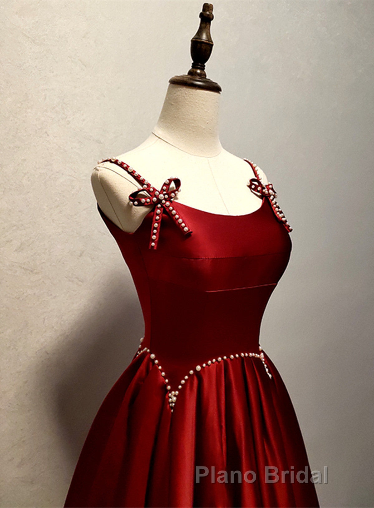 Wine Red Satin Straps Round Neckline Party Dresses, Wine Red Long Formal Prom Dresses