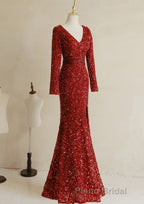 Wine Red Long Sleeves Mermaid Long Prom Dresses, Wine Red Formal Prom Dresses