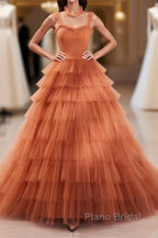 Unique High Neck Tulle Long Formal Prom Dresses, Orange Formal Evening Dresses