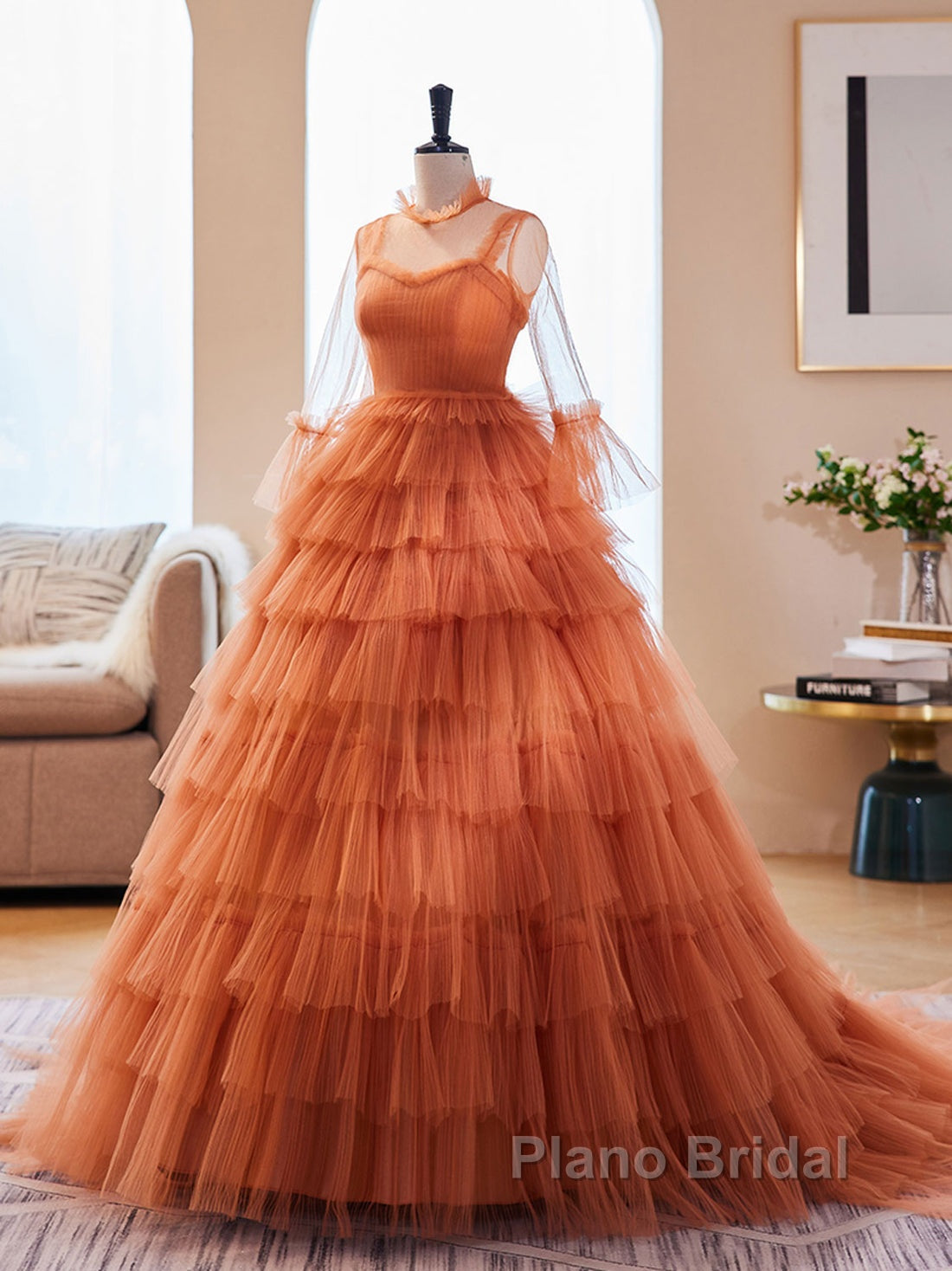 Unique High Neck Tulle Long Formal Prom Dresses, Orange Formal Evening Dresses Secondary image