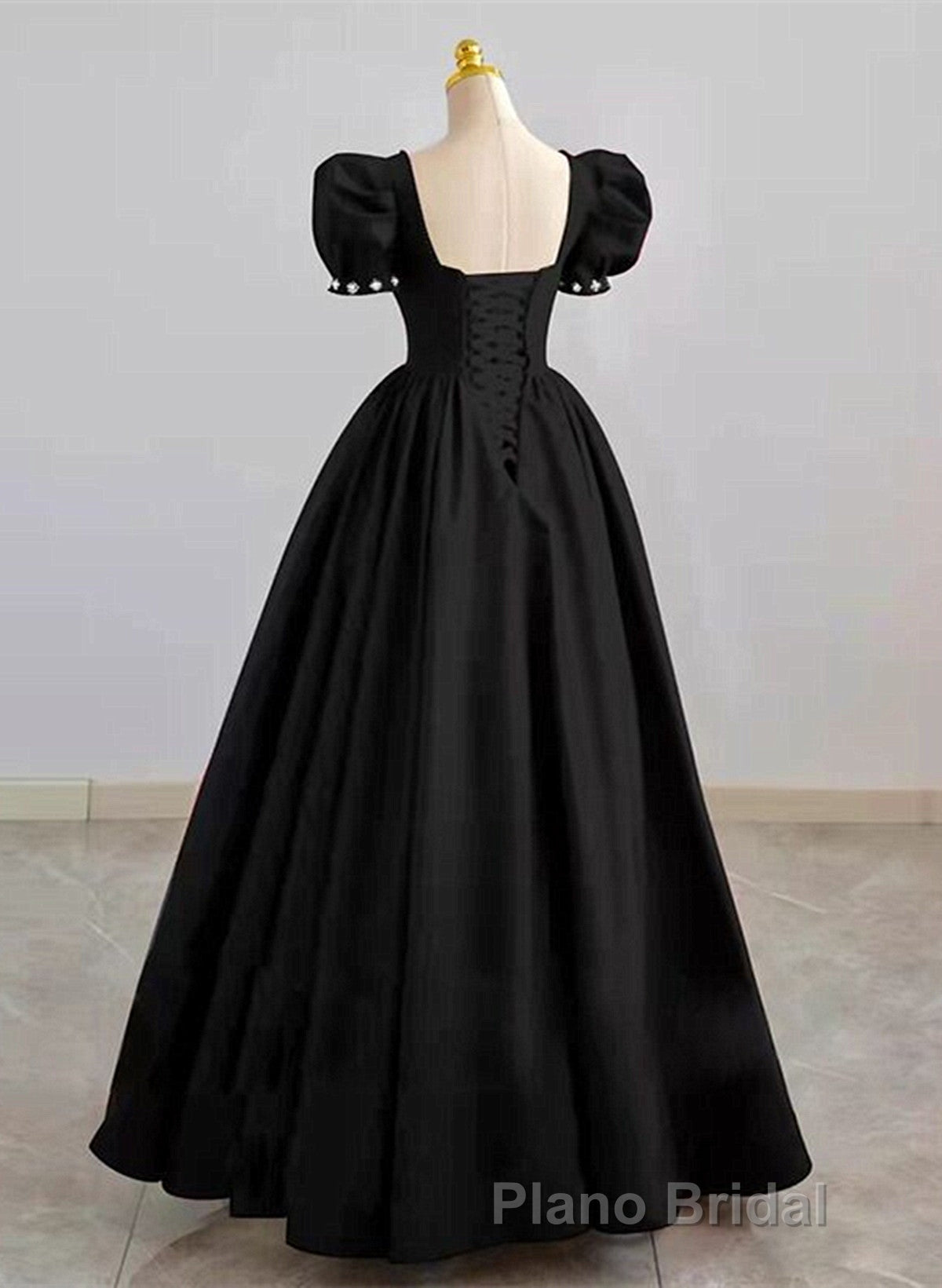 Black Sweetheart Short Sleeves Beaded Party Dresses, A-Line Black Satin Formal Prom Dresses