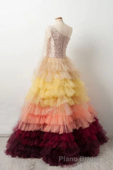 Unique Multi Color Layered One Shoulder Long Sleeves Formal Prom Dresses Formal Gown