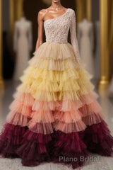 Unique Multi Color Layered One Shoulder Long Sleeves Formal Prom Dresses Formal Gown