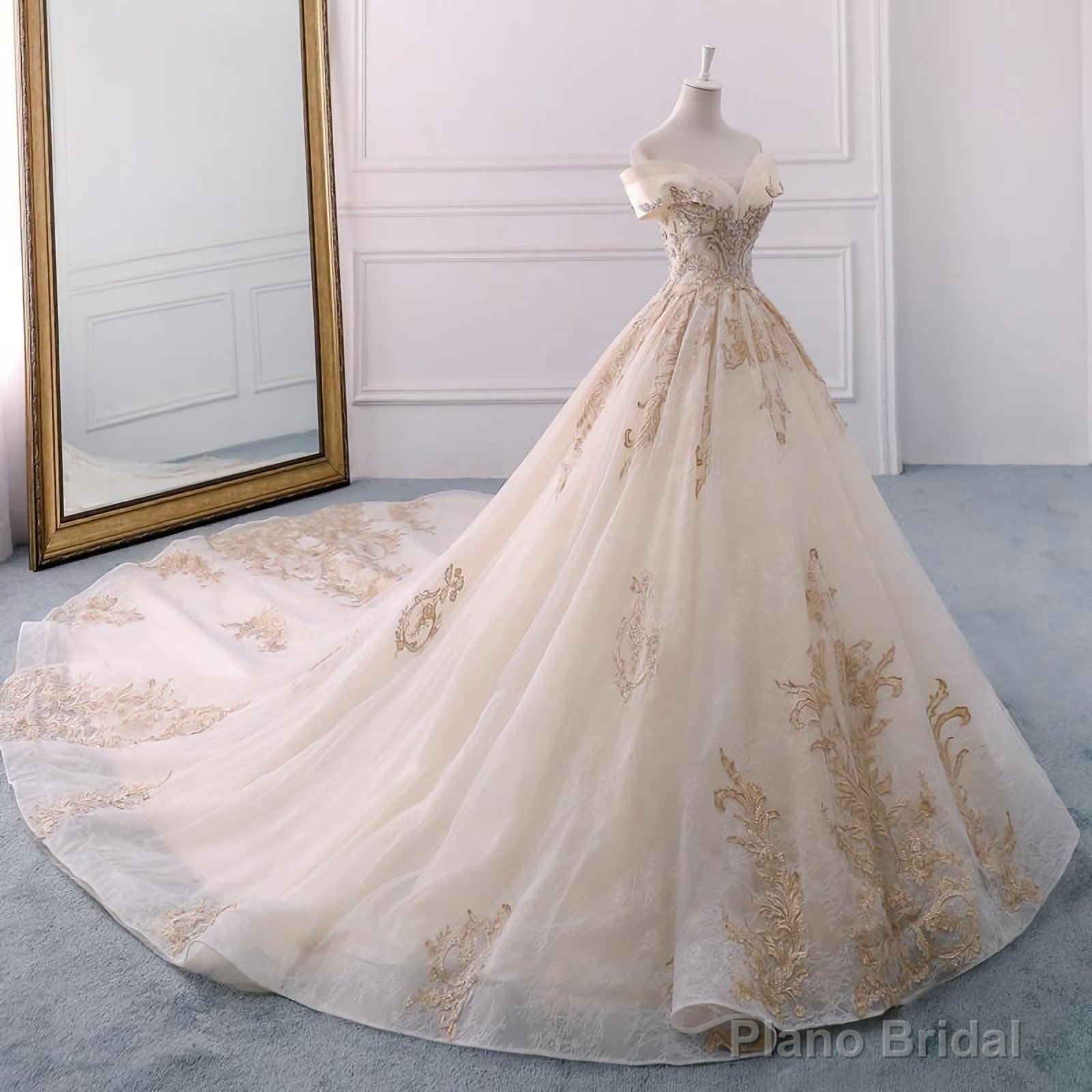 Off The Shoulder Ball Gown Sweetheart Wedding Dress, Long Appliques Bridal Dress