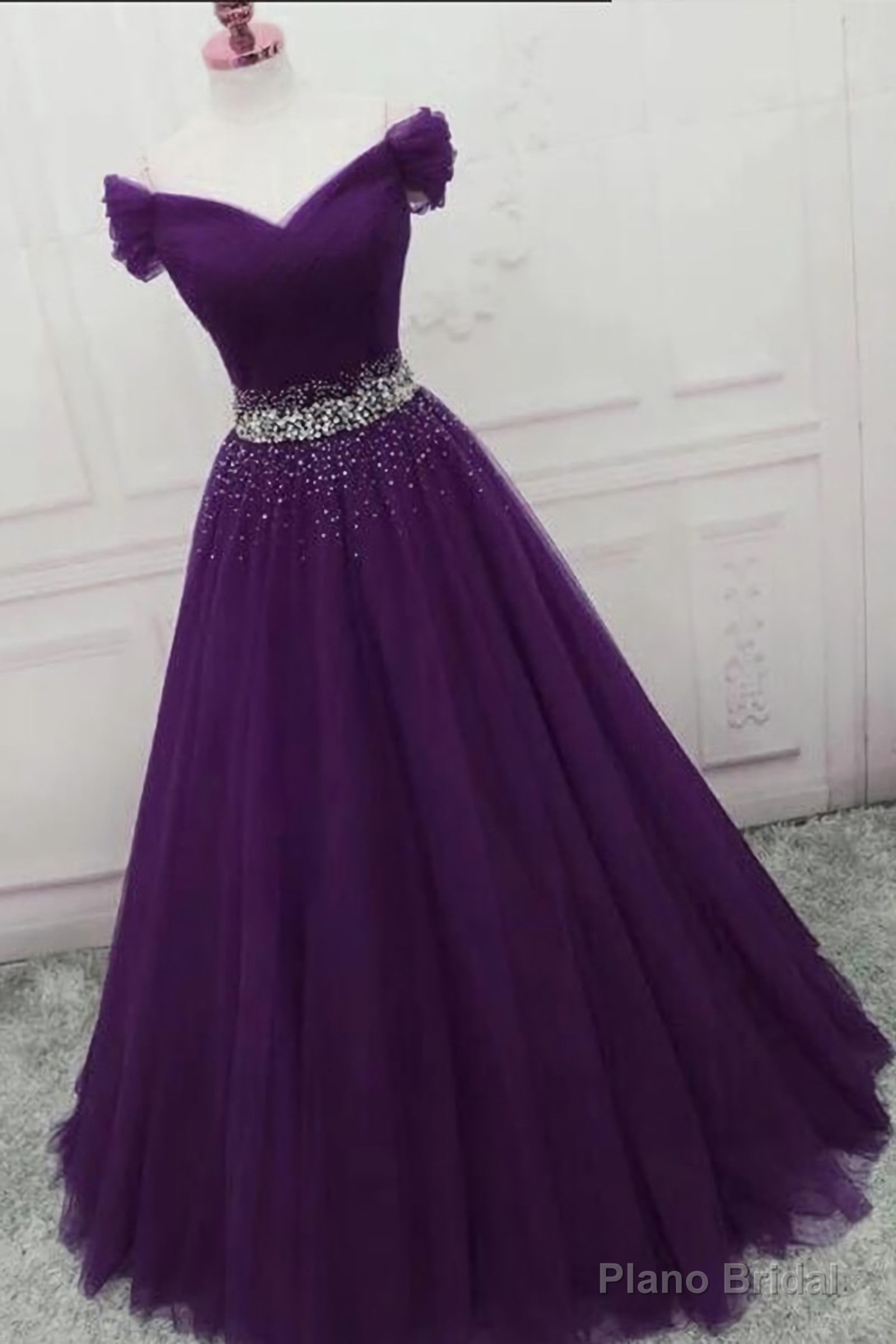 Off the Shoulder Dark Purple Long with Beadings Off Shoulder Purple Prom Dresses Main image