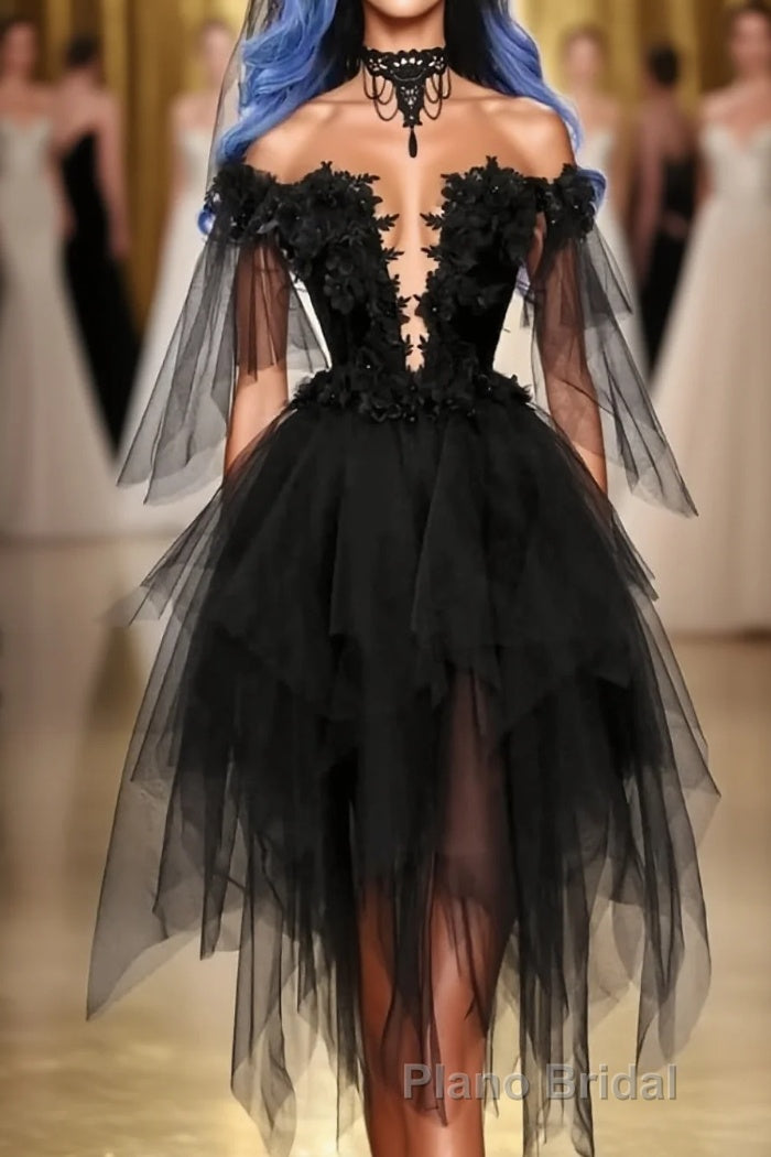 Off Shoulder Lace Applique Black Tulle Short Homecoming Graduation Dresses