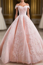 Gorgeous Pink Off The Shoulder Ball Gown Formal Prom Dresses With Appliques