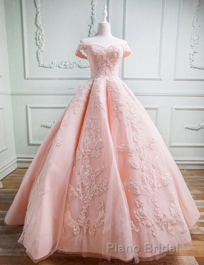 Gorgeous Pink Off The Shoulder Ball Gown Formal Prom Dresses With Appliques Secondary image