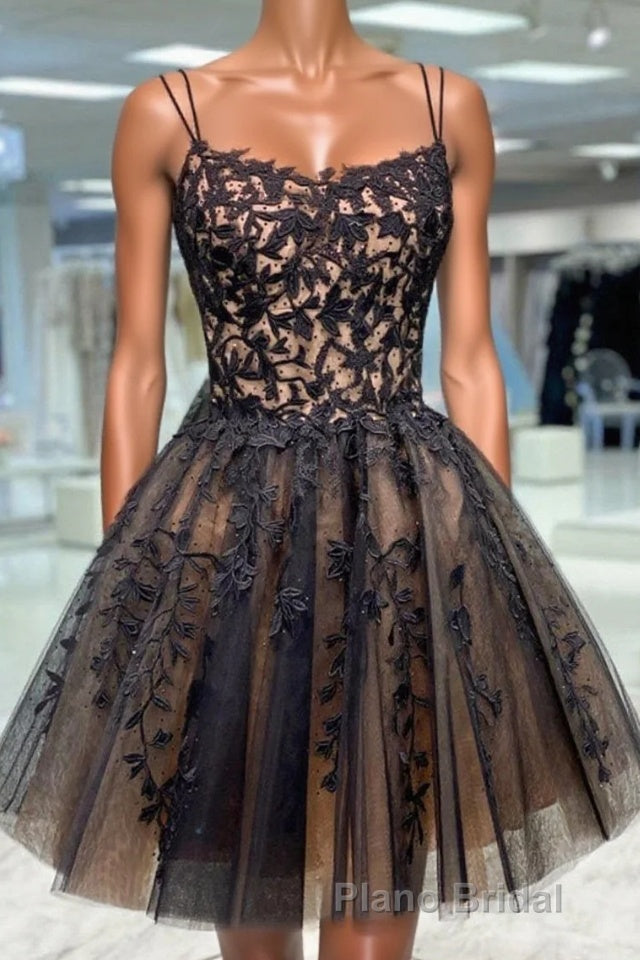 Black Spaghetti Straps Appliques Tulle Short Homecoming Dresses Main image