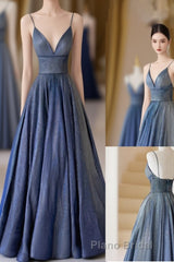 Blue V-Neckline Straps Low Back A-Line Formal Prom Dresses, Blue Long Evening Dresses