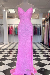 Mermaid Purple Sequin Long Formal Prom Dresses with Slit