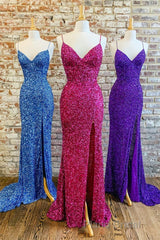 Mermaid Purple Sequin Long Formal Prom Dresses with Slit
