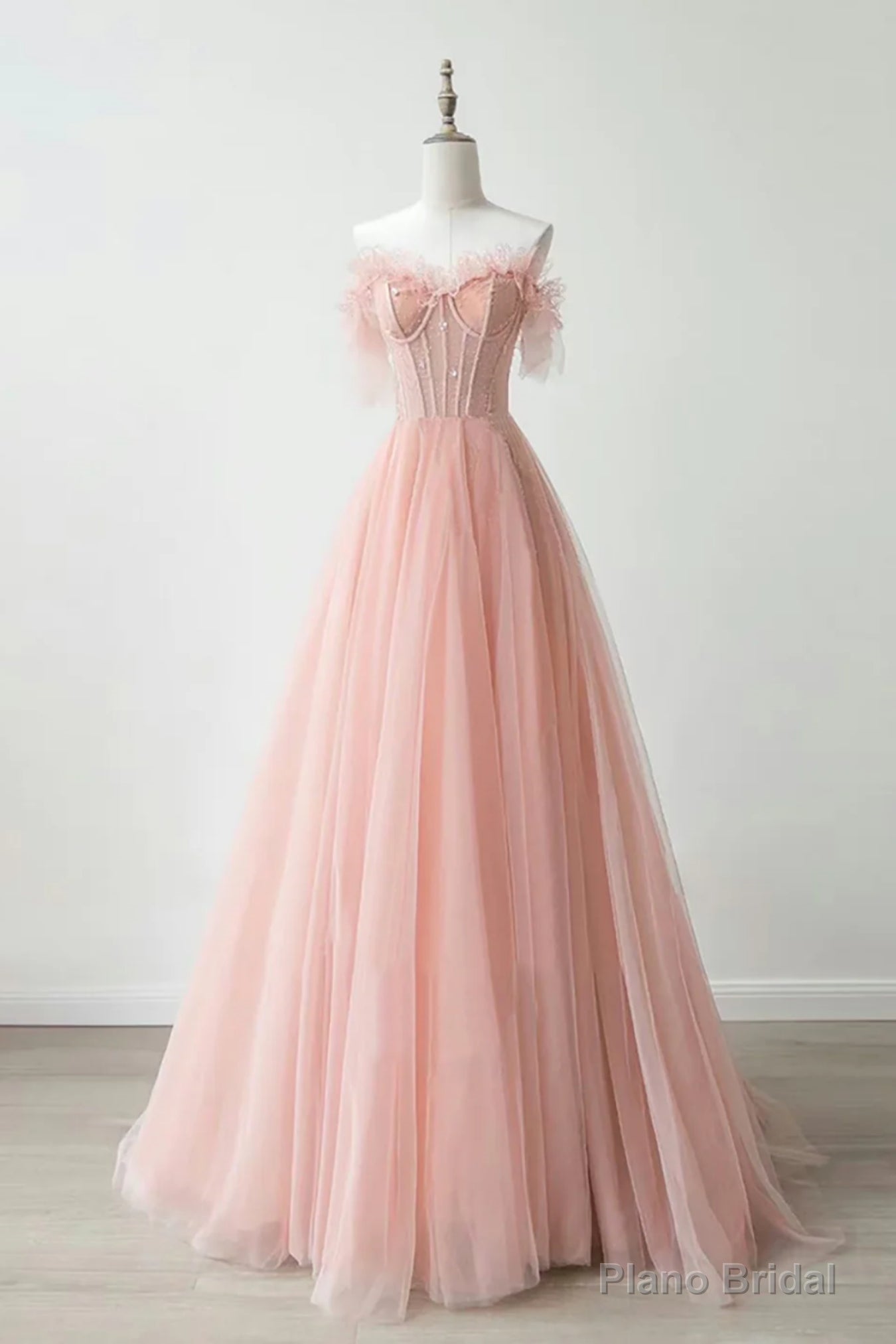 Pink Tulle Strapless Lace Long Prom Dresses, Pink Lace Formal Dresses, Long Pink Evening Dresses Main image