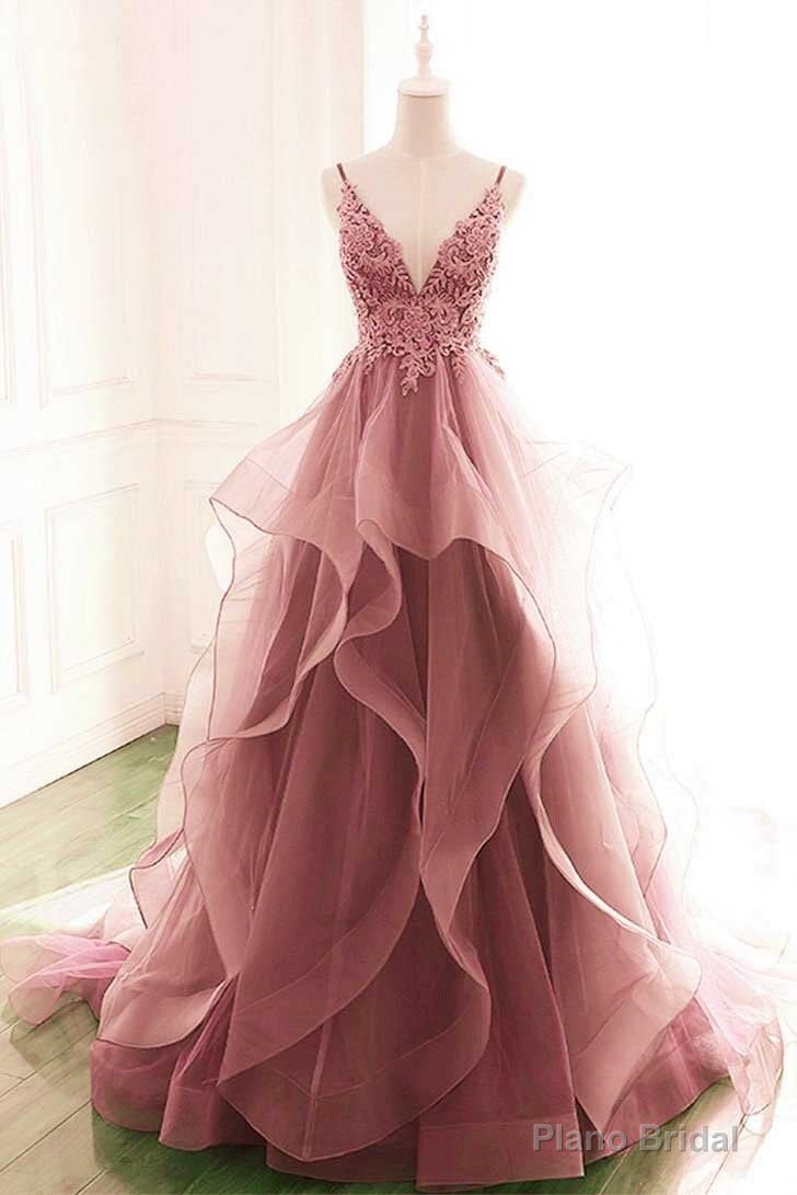 Princess Dark Pink Tulle Long With Lace Ruffle A Line Prom Dresses Secondary image