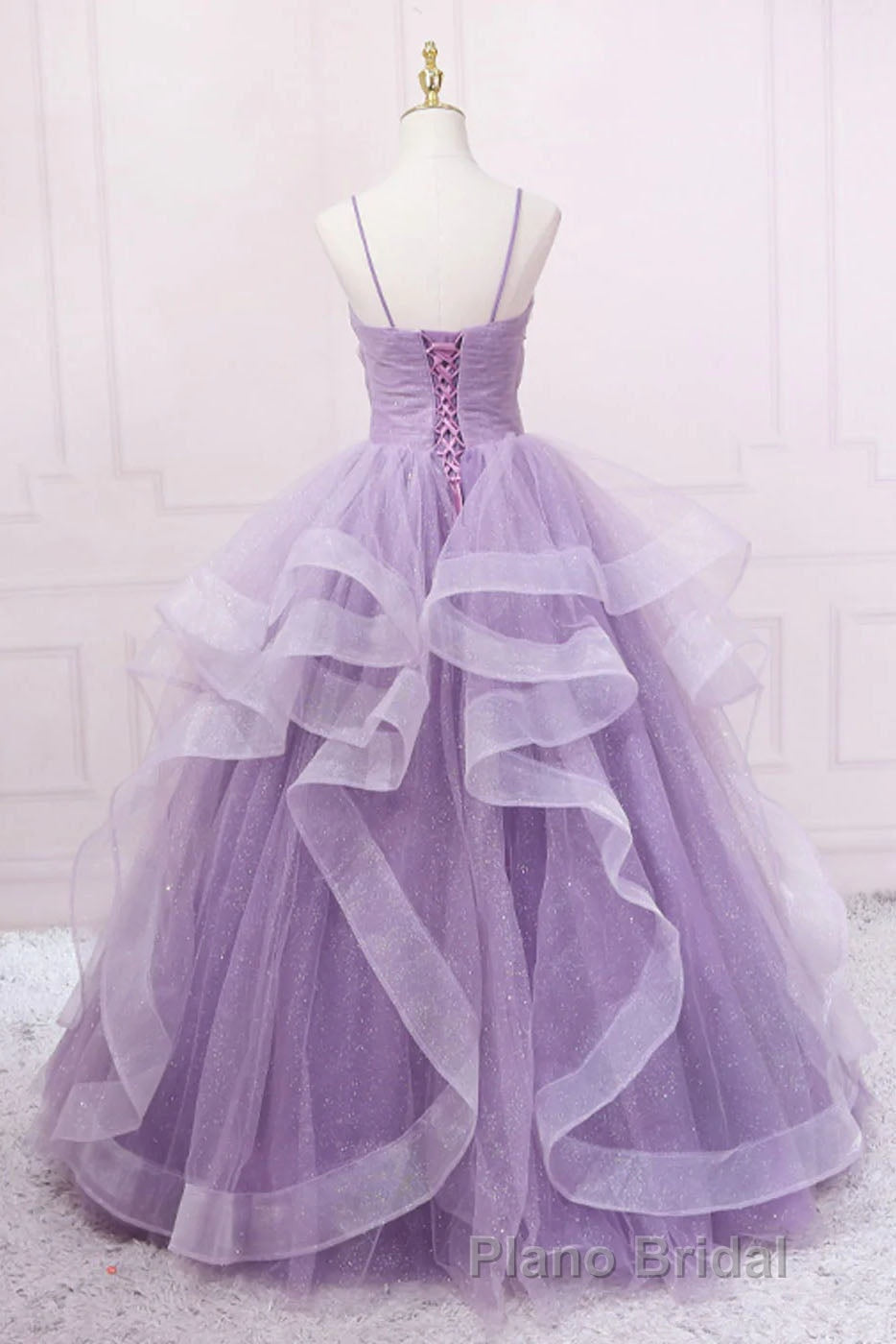 Princess Lavender Sparkly Spaghetti Straps Long Formal Prom Dresses Floor Length Evening Gown