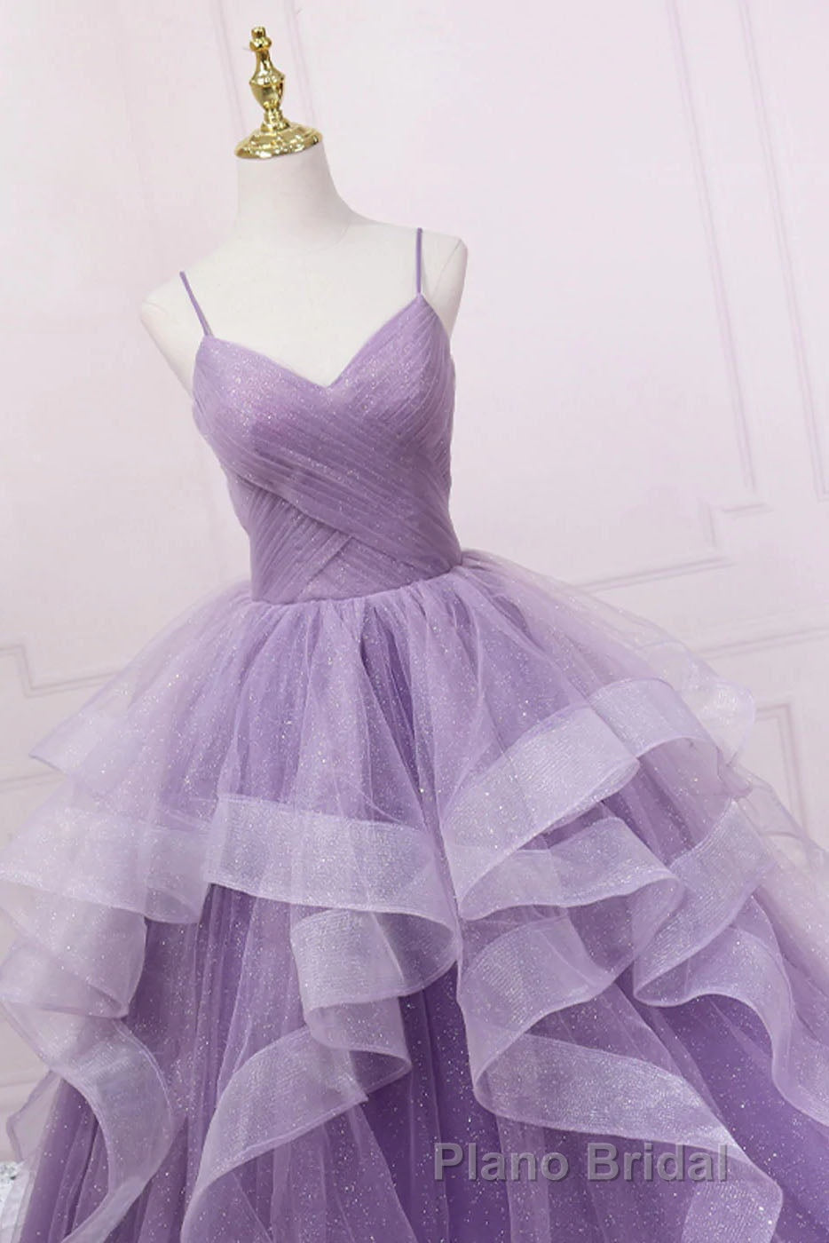 Princess Lavender Sparkly Spaghetti Straps Long Formal Prom Dresses Floor Length Evening Gown