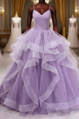 Princess Lavender Sparkly Spaghetti Straps Long Formal Prom Dresses Floor Length Evening Gown
