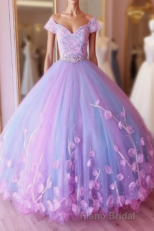 Princess Pink and Blue Ball Gown Formal Prom Dresses with Flowers, Quinceanera Dresses Main image