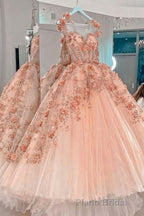 Princess Sparkly Sweetheart Formal Prom Dresses with 3d Flowers, Pink Quinceanera Dresses