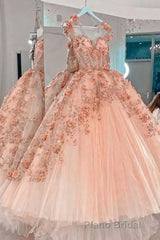 Princess Sparkly Sweetheart Formal Prom Dresses with 3d Flowers, Pink Quinceanera Dresses