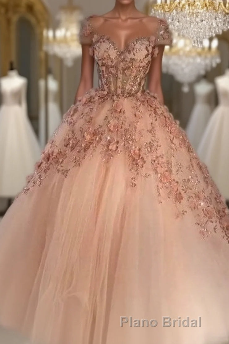 Princess Sparkly Sweetheart Formal Prom Dresses with 3d Flowers, Pink Quinceanera Dresses