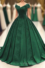 ball gown satin  lace v neck Formal Prom Dresses