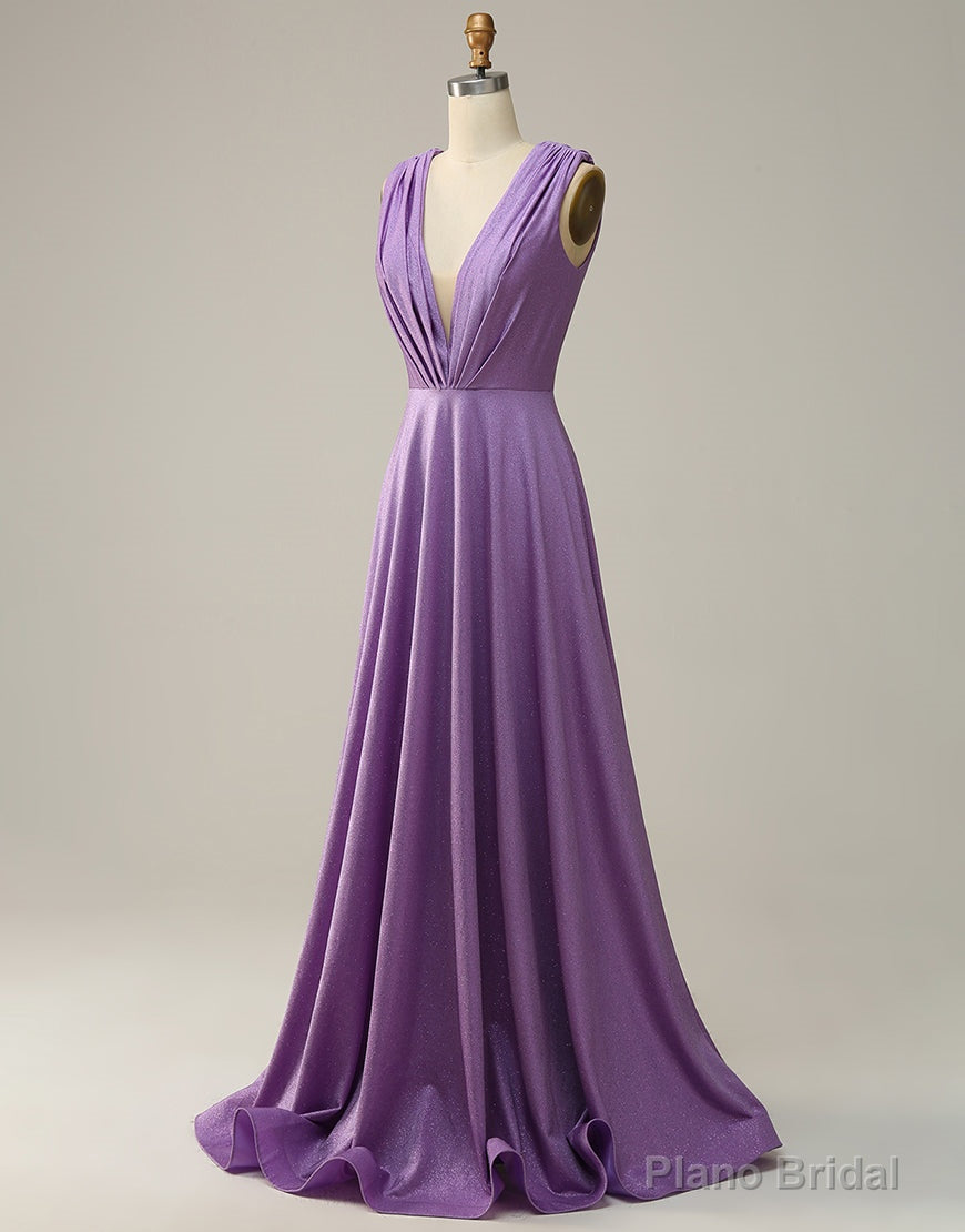 Purple A-Line V-Neck Long Glitter Prom Dress With Pleating Secondary image