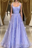 Purple Spaghetti Straps Long A line Formal Prom Gown Handmade Flower Evening Dresses