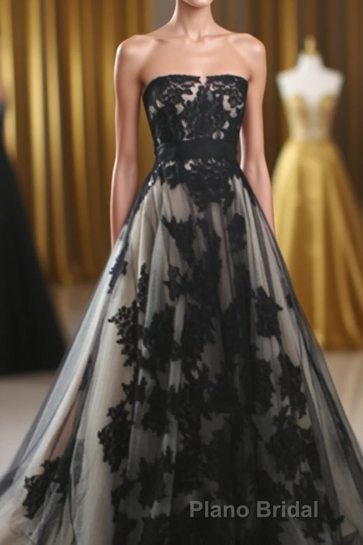 Charming Lace Appliqued Strapless With Chapel Train Wedding Dresses