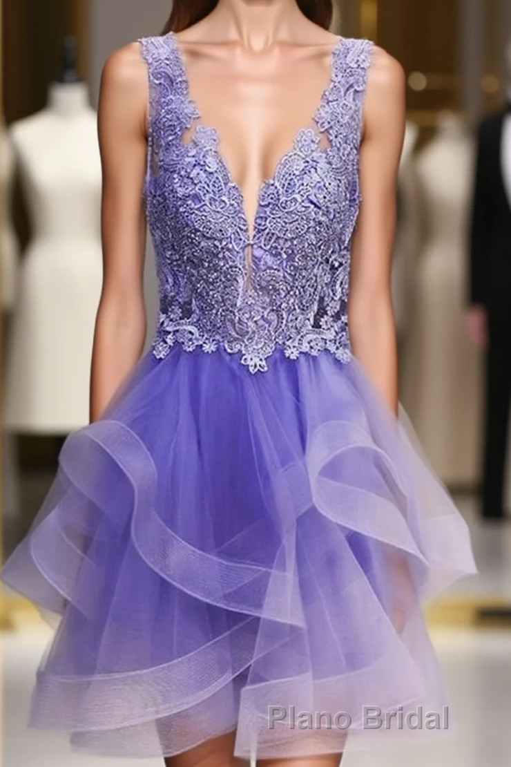 Purple Lace V-Neckline Short Homecoming Dresses, Purple Short Formal Prom Dresses Main image