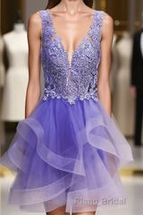 Purple Lace V-Neckline Short Homecoming Dresses, Purple Short Formal Prom Dresses
