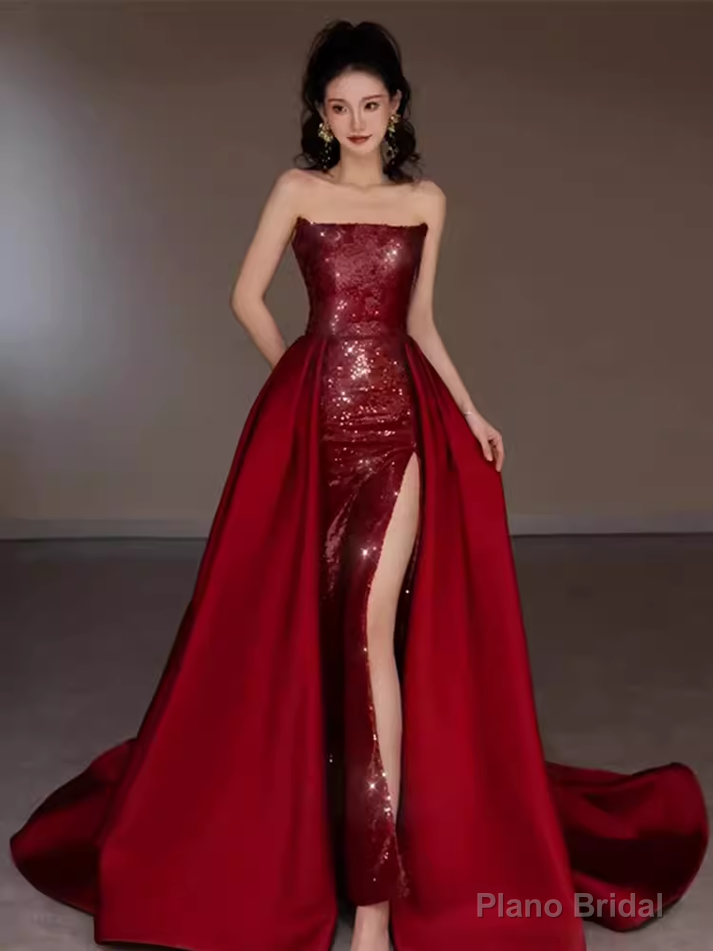 Sexy Mermaid Strapless Sleeveless Party Dress Red Long Prom Dress