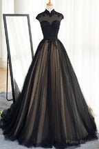 Black Tulle Cap Sleeves Floor Length Long Prom Dresses, Luxury Dresses