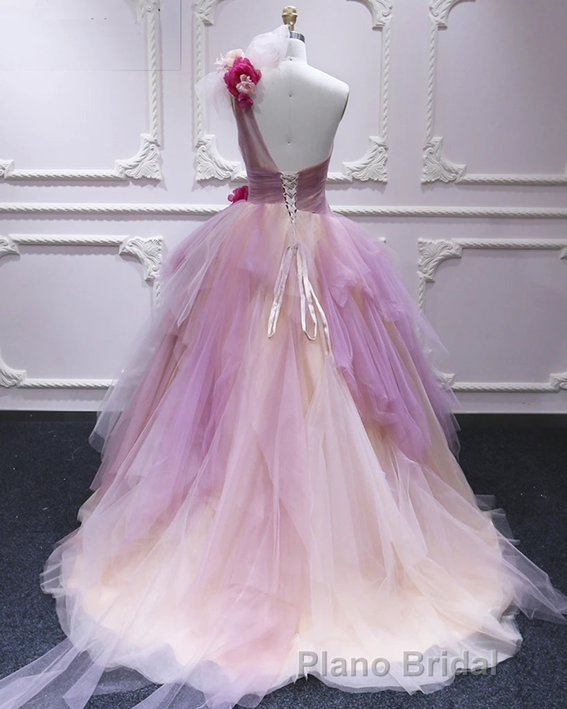 Puffy One Shoulder Sleeveless Tulle Formal Prom Dresses with Flowers, Ruffles Quinceanera Dresses
