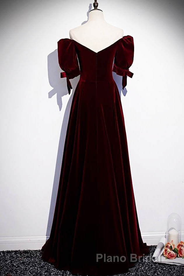 Modest Burgundy Long Formal Prom Dresses with Short Sleeves Vintage Evening Gown Secondary image