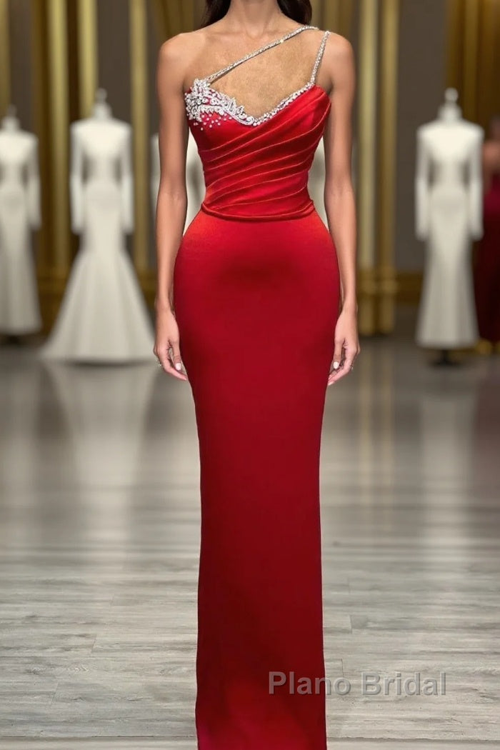 Red Long Mermaid One Shoulder Satin Formal Prom Dress With Beadings Sleeveless Main image
