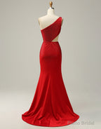 Red Mermaid One Shoulder Long Glitter Prom Dress With Split
