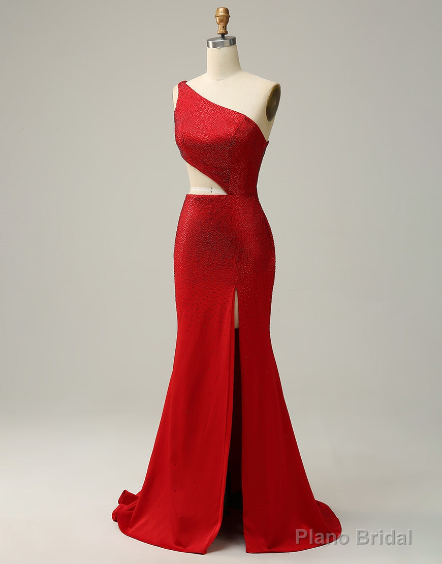Red Mermaid One Shoulder Long Glitter Prom Dress With Split Secondary image
