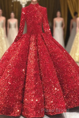 Glitter High Neck Open Back Lace Up Ball Gown Formal Prom Dresses