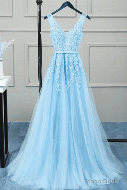Romantic Tulle Lace V Back Sky Blue See Through Prom Dress Formal Dress Main image