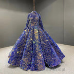 Glitter High Neck Open Back Lace Up Ball Gown Formal Prom Dresses