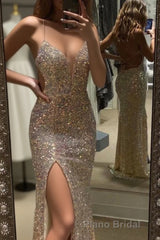 Mermaid Evening Dresses Spaghetti Straps V Neck Formal Prom Dresses With Split