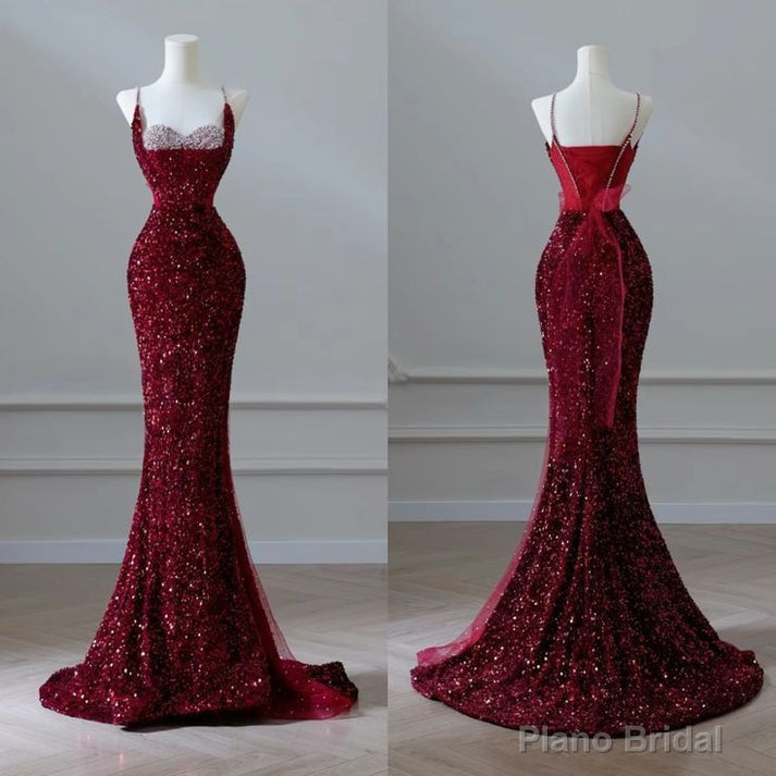 Sexy Mermaid Spaghetti Straps Sequin Burgundy Long Prom Dresses Main image