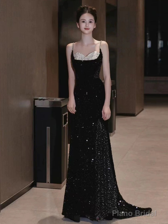 Black Sexy Mermaid Spaghetti Straps Sequin Long Prom Dresses Secondary image