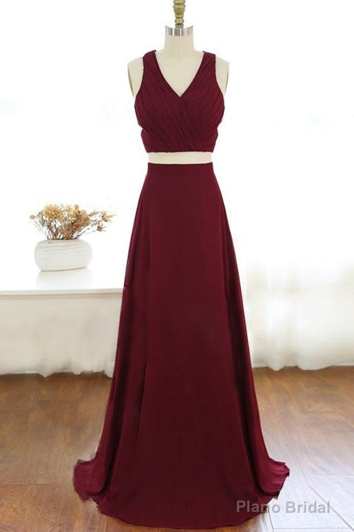 Two Piece V Neck Long Burgundy Chiffon Prom Dress Evening Dress Main image