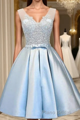 Blue A Line Princess V Neck Backless Appliques Homecoming Dresses